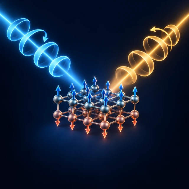 Conceptual illustration of circularly polarized X-rays probing opposing spin layers