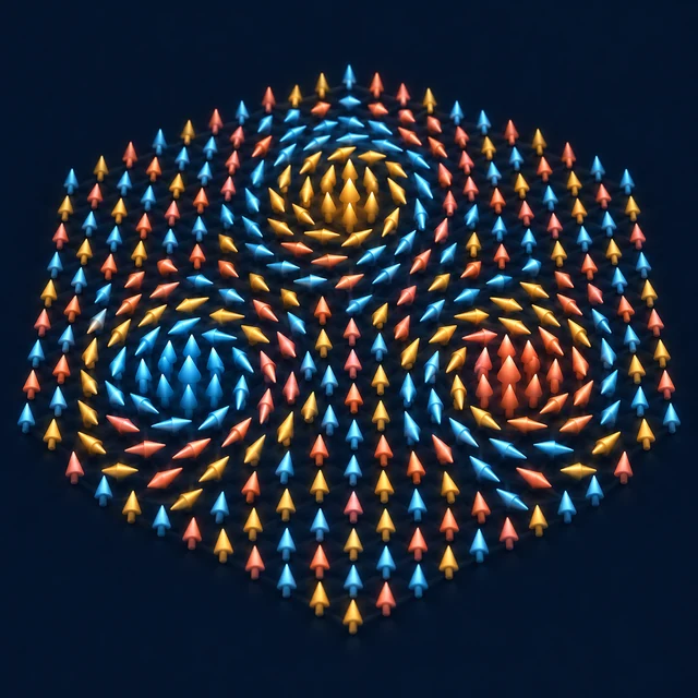 Conceptual illustration of interleaved swirling spin textures in a skyrmion lattice